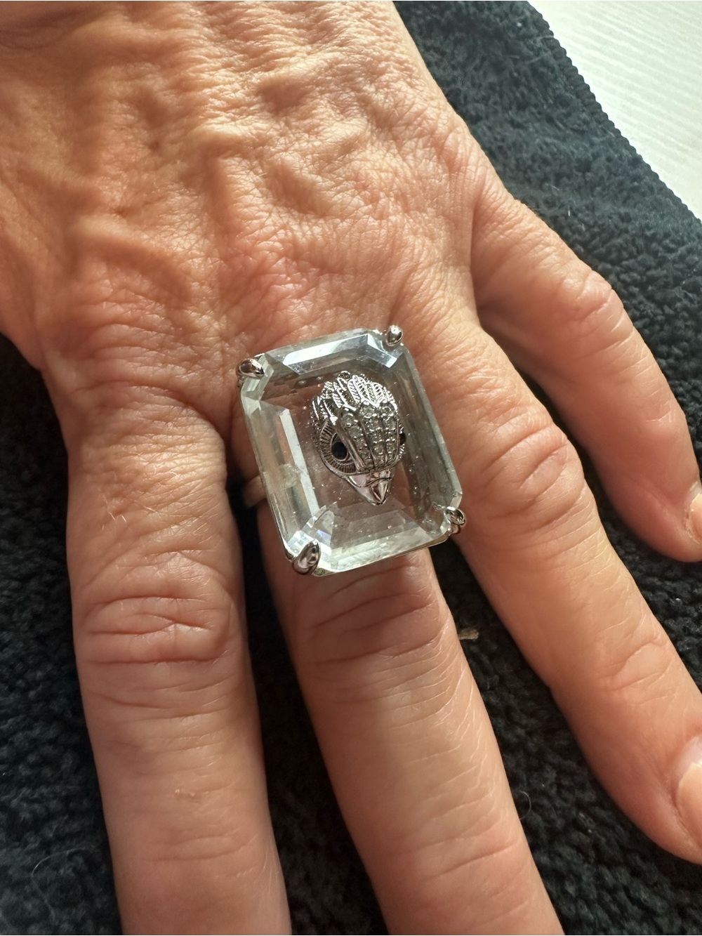 Kurt Geiger Silver-Tone Statement Ring with Clear Faceted Stone and Bird Motif